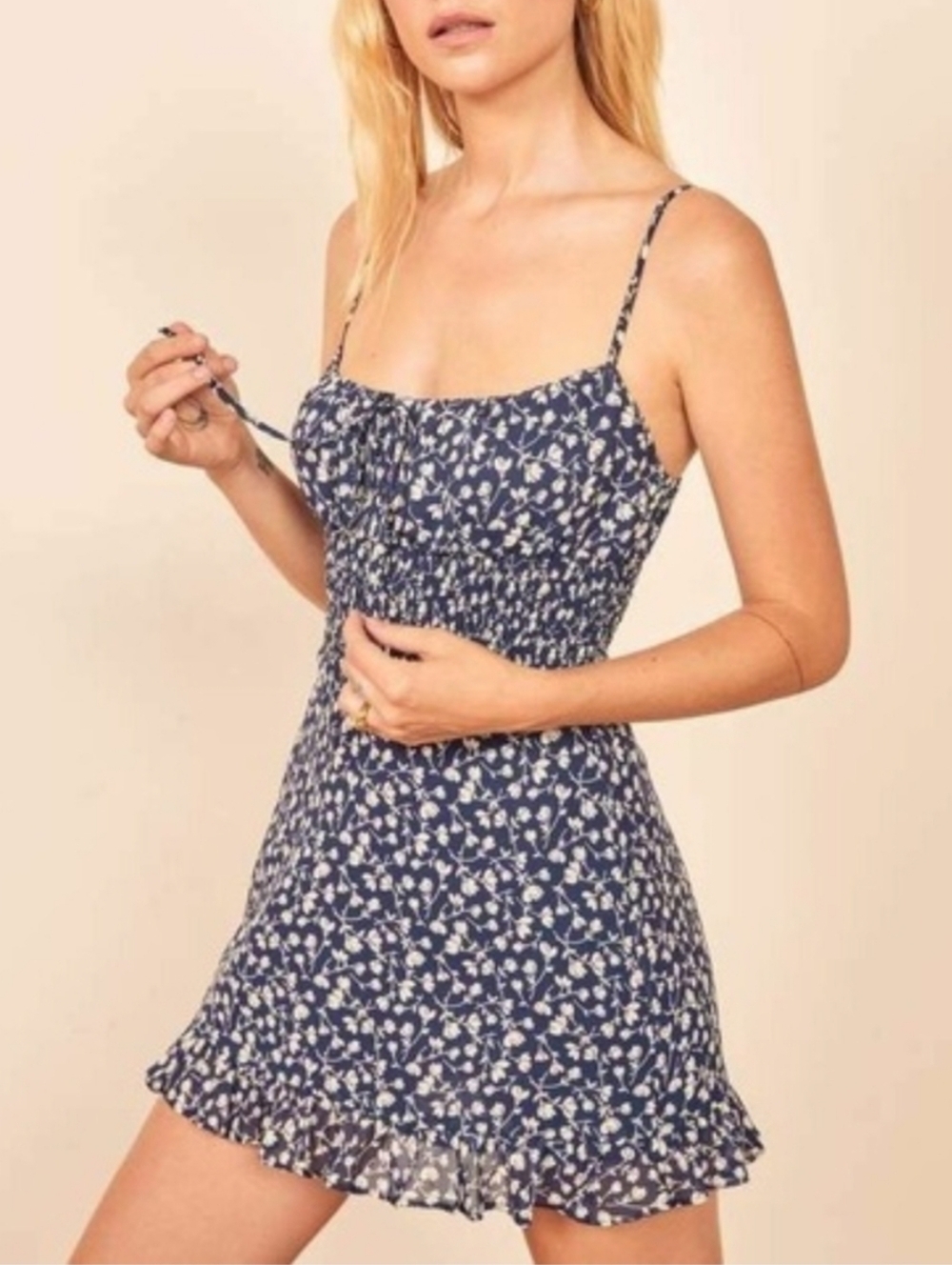 Reformation Fraise Smocked Waist Floral Mini Dress‎ In Elyse Navy Blue